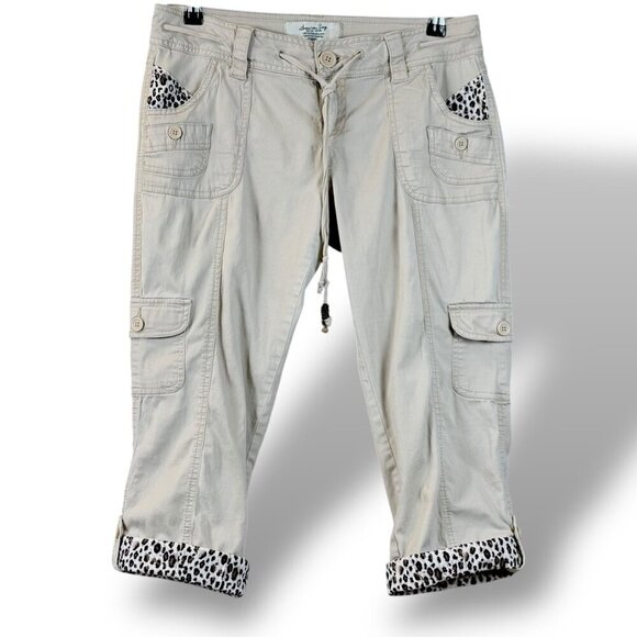 VTG American Rag Cargo Capri Pants Womens Size 9 Beige/Leopard Trim Roll-Tab Y2K - Picture 1 of 10
